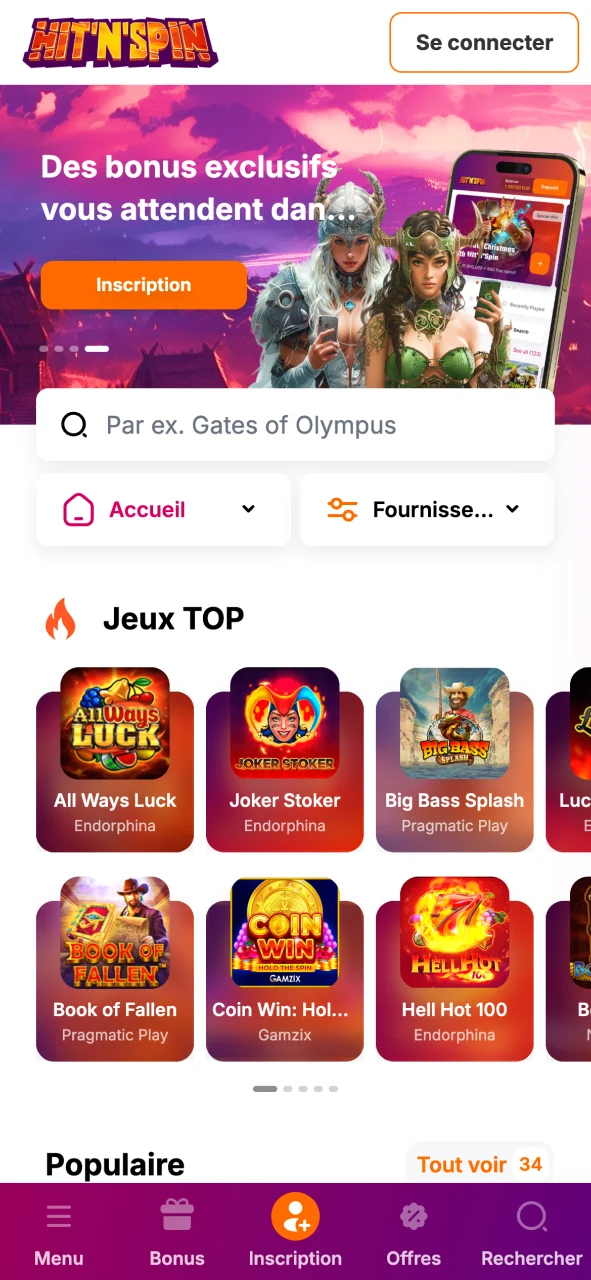 Ouvrez HitNSpin et trouvez facilement vos jeux et paris préférés.