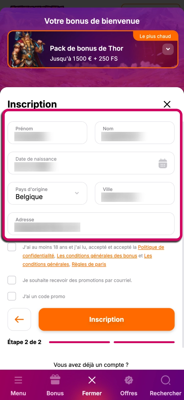 Complétez votre inscription HitNSpin et profitez d’un accès rapide aux services.