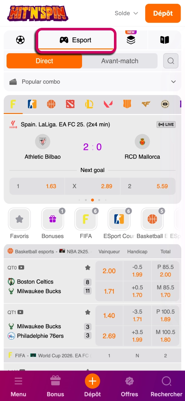 Découvrez la section HitNSpin Sports et accédez facilement aux événements.