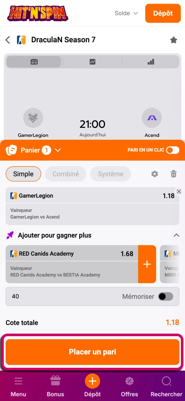 Confirmez votre pari HitNSpin et profitez d’un suivi simple des mises.