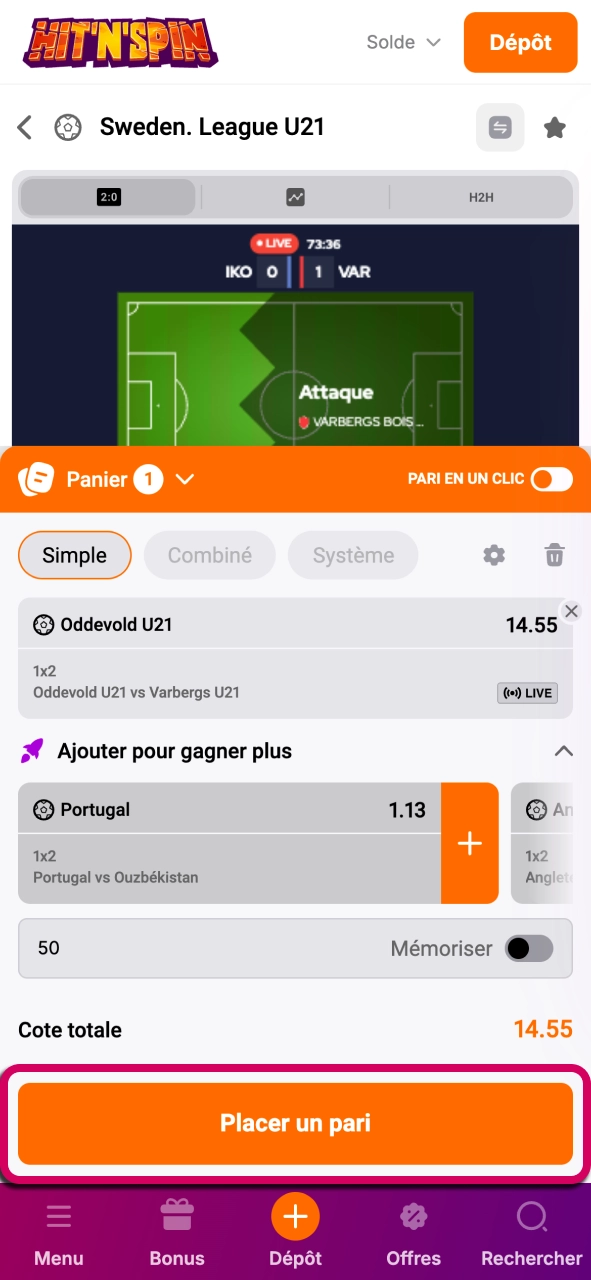 Confirmez votre pari HitNSpin et profitez d’un suivi pratique des mises.