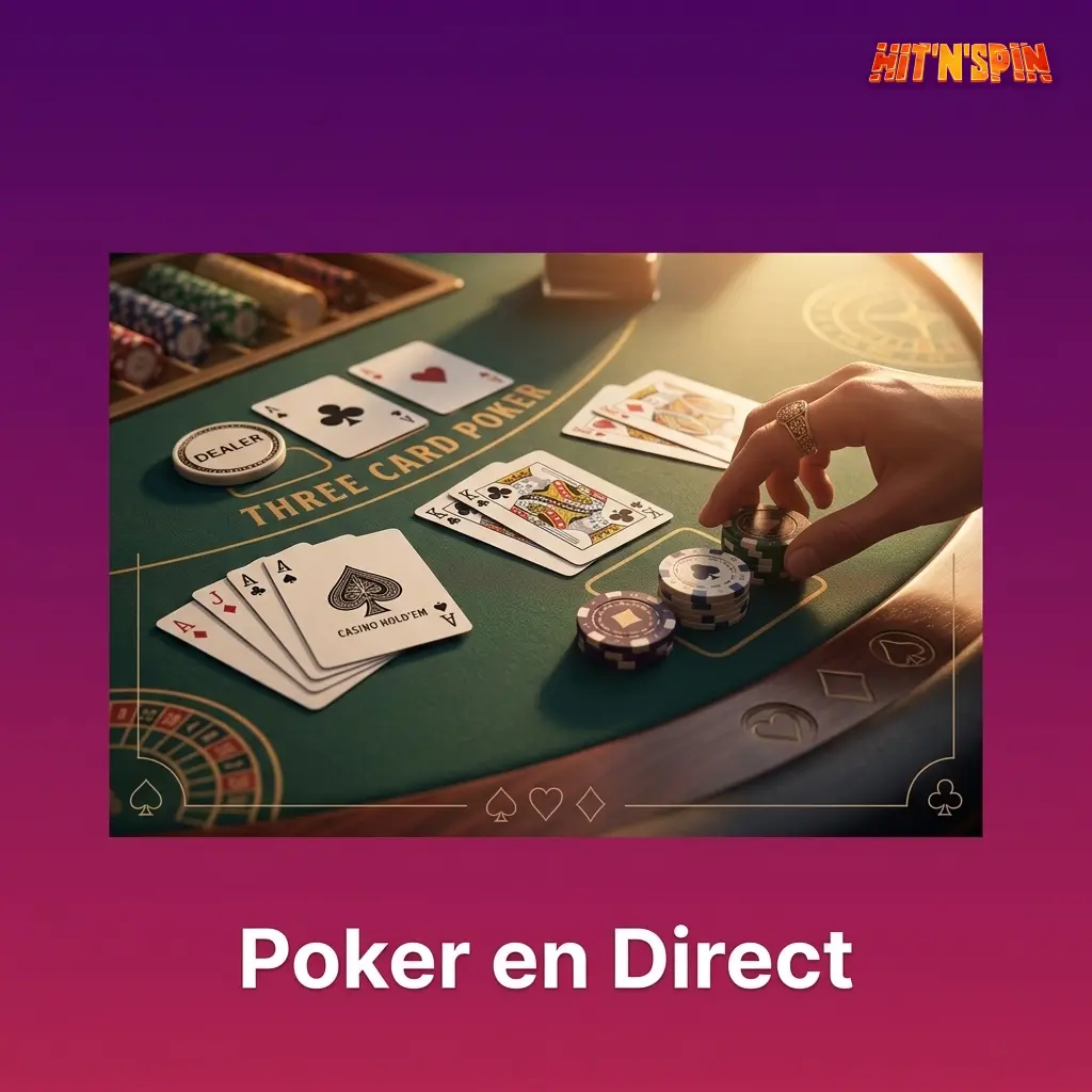 Tables de poker en direct sur HitNSpin avec Casino Hold'em et Three Card Poker par Evolution Gaming.