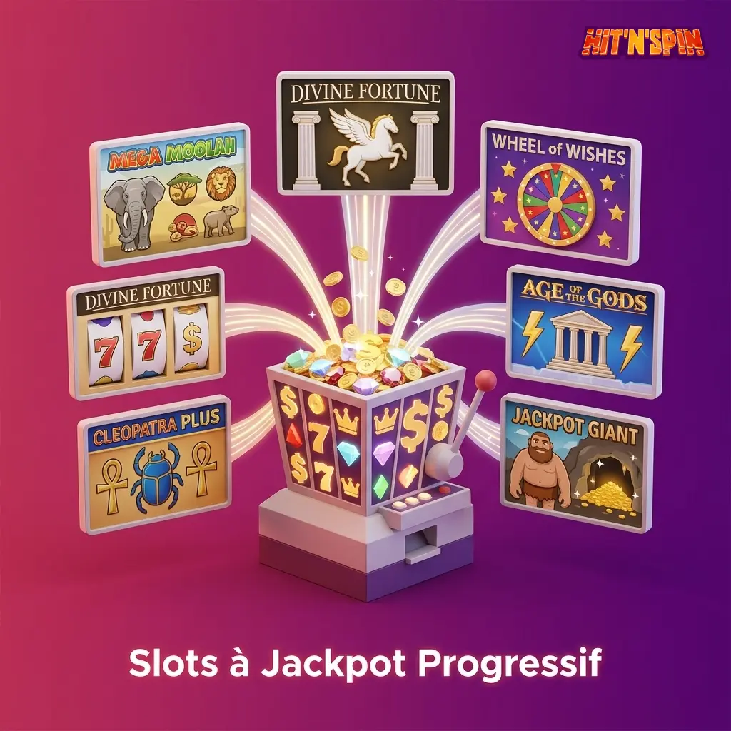 Slots à jackpot progressif sur HitNSpin avec cagnottes en millions d'euros comme Mega Moolah et Divine Fortune.