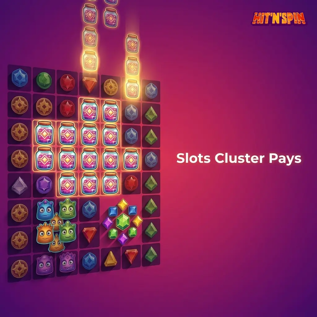Slots cluster pays : grille 7x7 avec symboles adjacents identiques formant des clusters gagnants et effets de cascade.