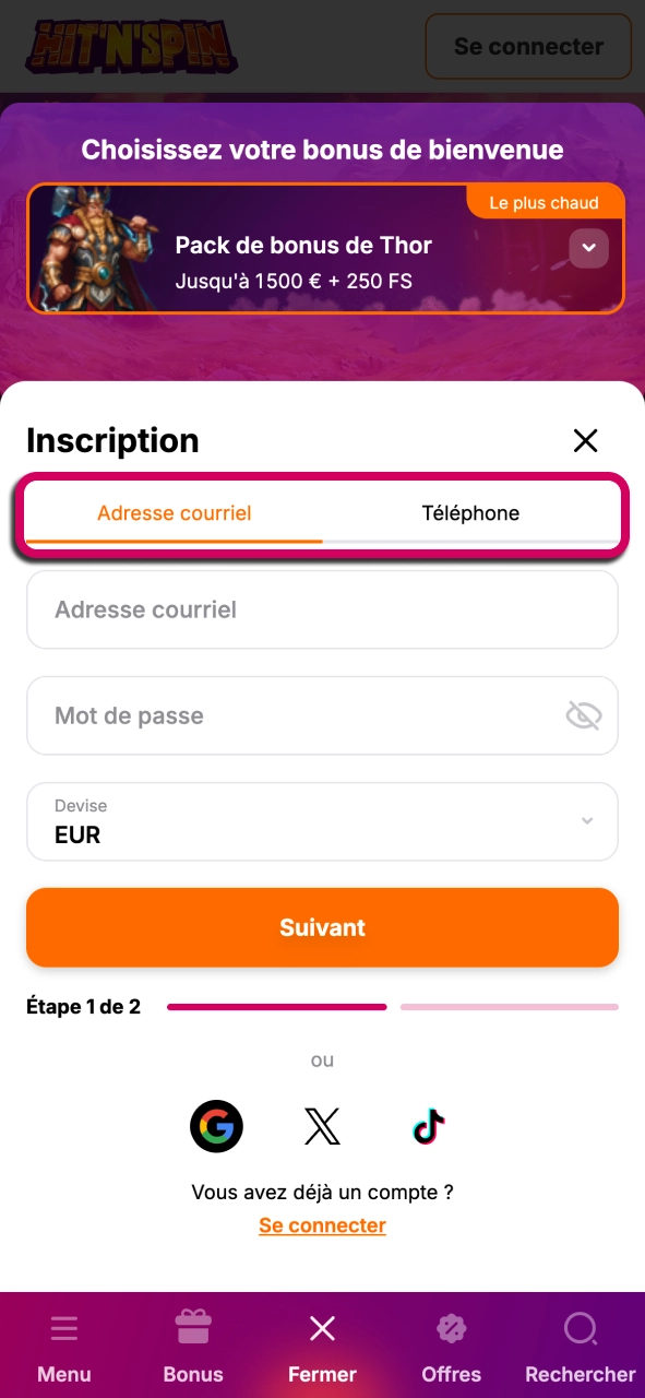 Sélectionnez votre méthode HitNSpin et profitez d’une inscription pratique.