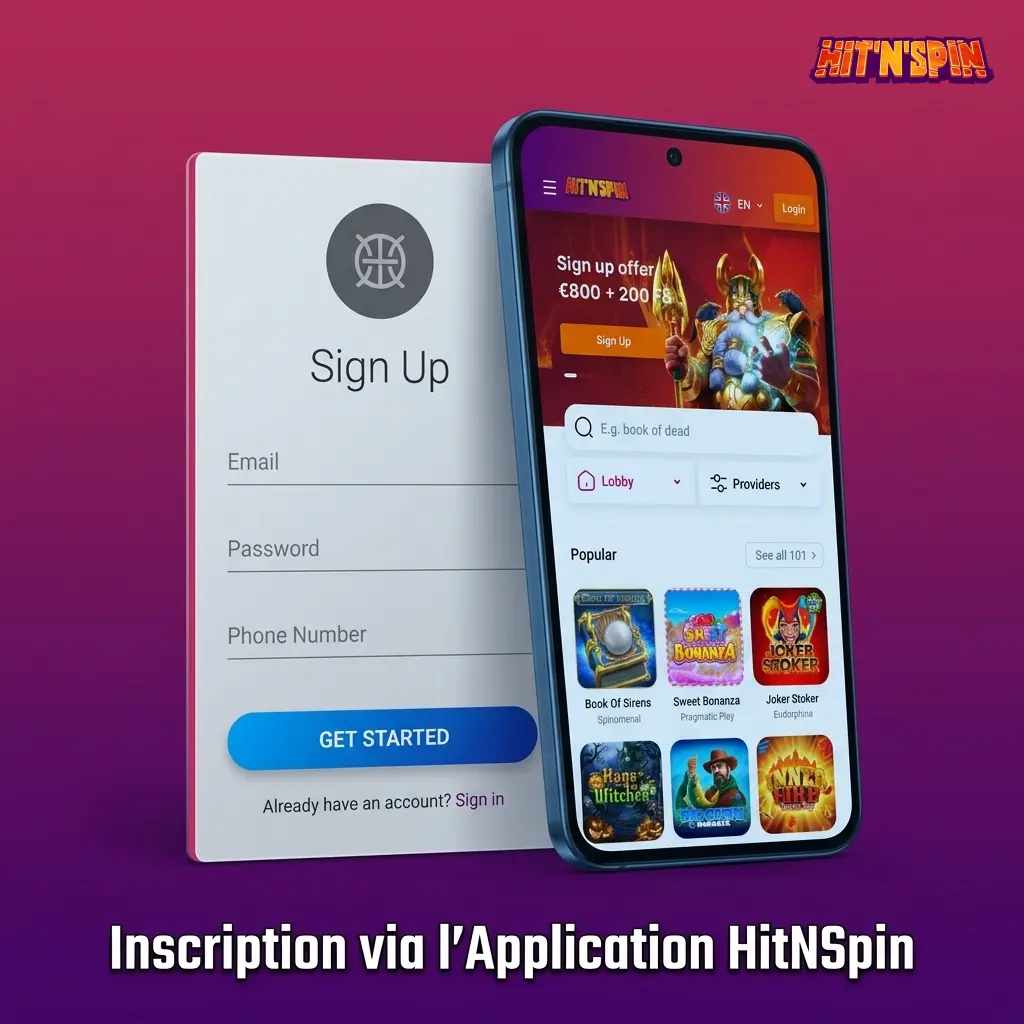 Inscription HitNSpin via application mobile en Belgique, formulaire e-mail pour joueurs de 18 ans et plus.