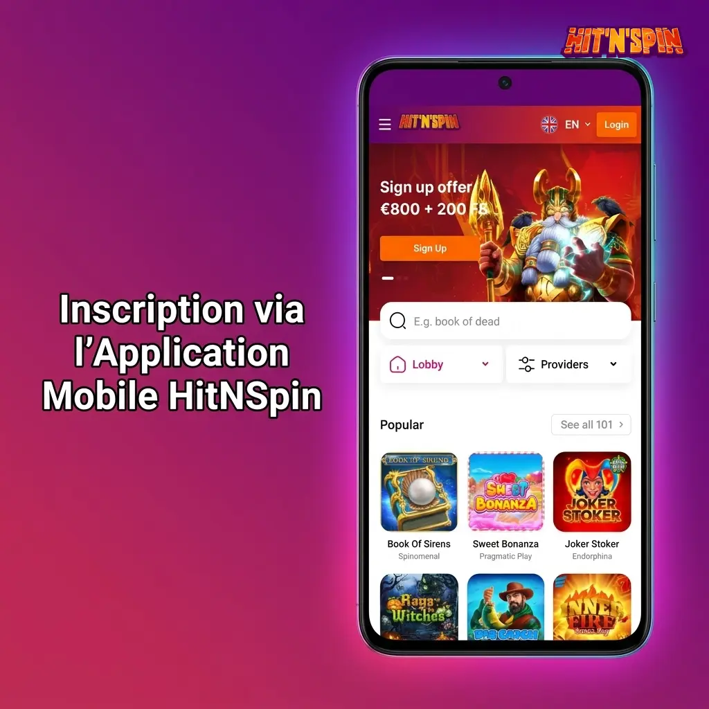 Inscription sur l'application mobile HitNSpin sur Android et iOS avec vérification biométrique et création de compte.