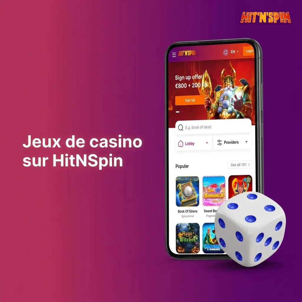 Catalogue de jeux casino HitNSpin : slots, roulette, blackjack, live casino et crash games disponibles sur mobile.