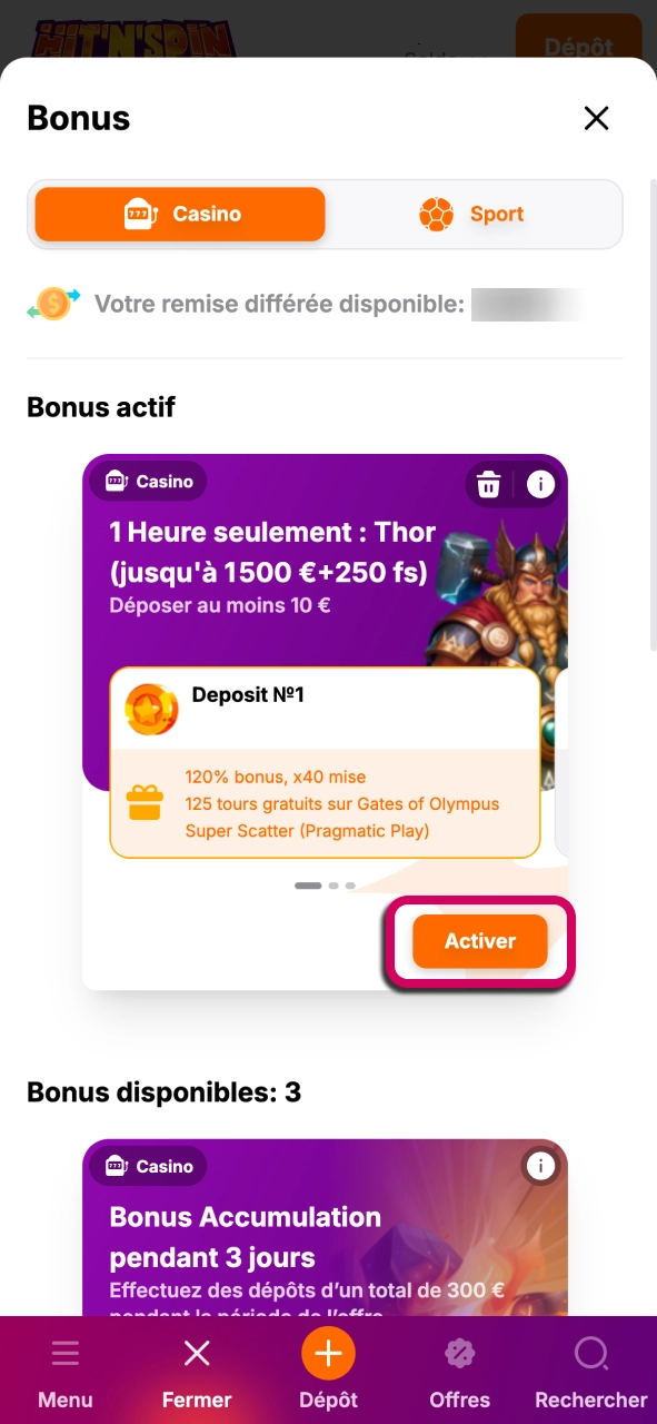 Activez votre bonus HitNSpin et profitez d’opportunités de jeu supplémentaires.