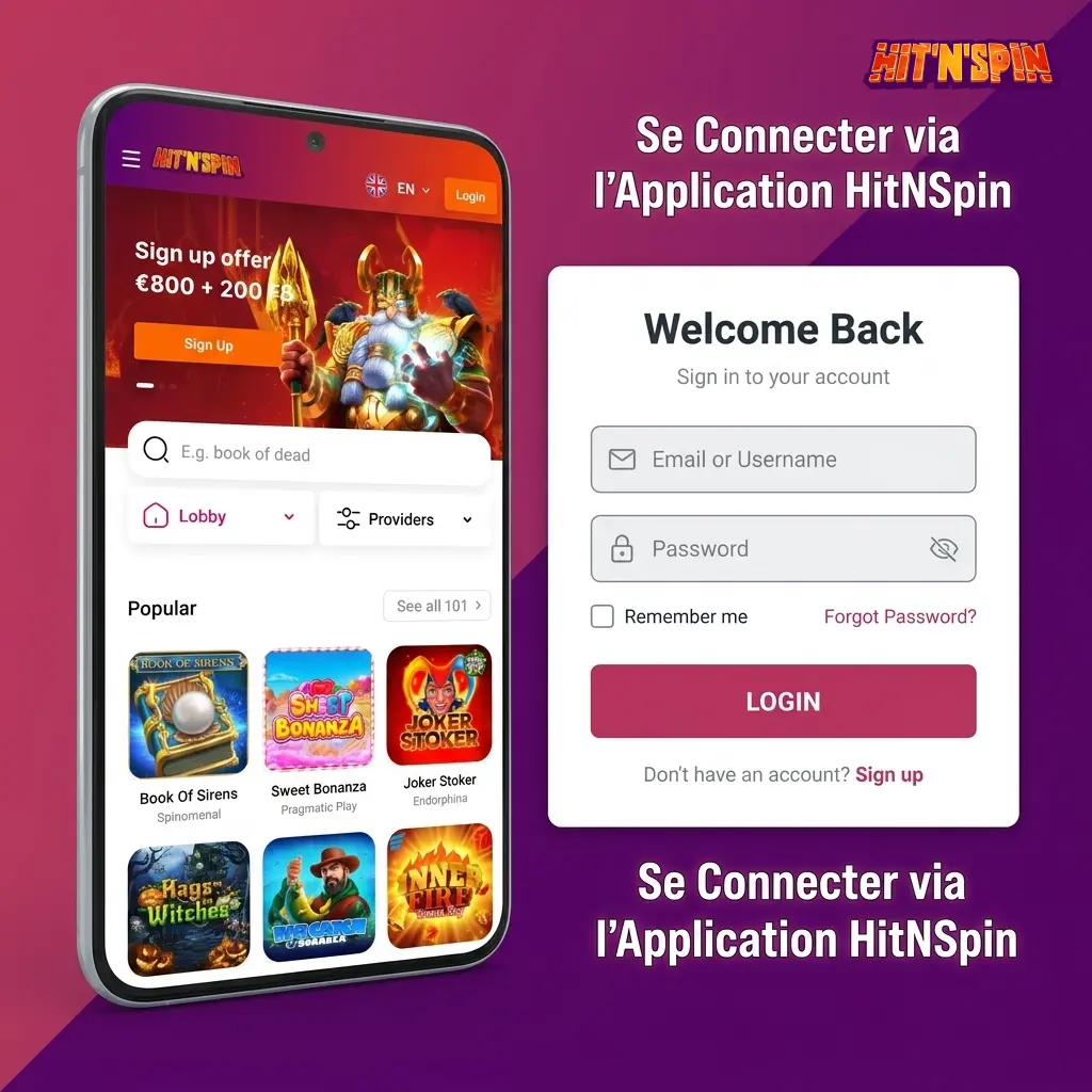 Connexion sécurisée à l'application mobile HitNSpin sur Android et iOS avec identifiants de compte.