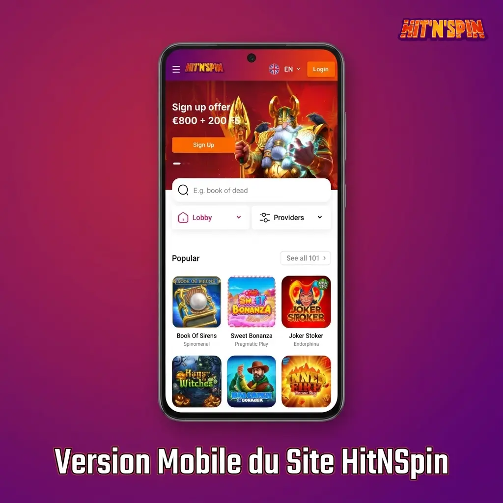 Interface mobile HitNSpin sur smartphone, affichant jeux et paris sportifs adaptés à l'écran tactile en Belgique.